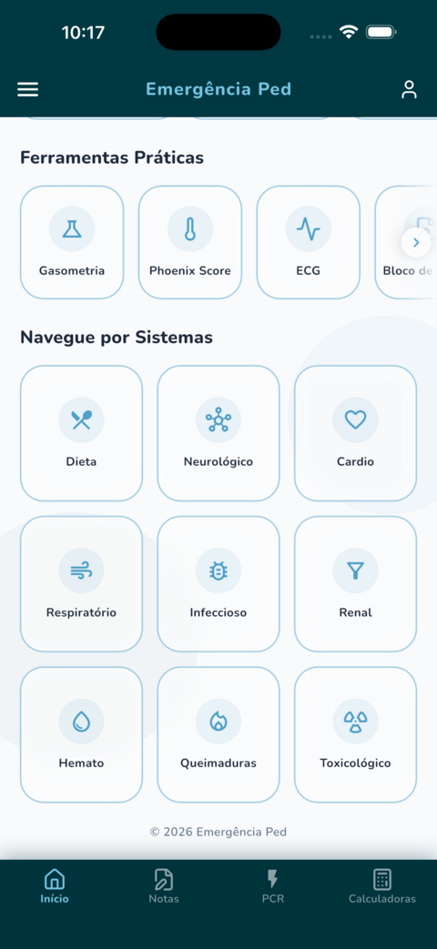 Tela inicial do app Emergência Ped — ferramentas práticas e navegação por sistemas