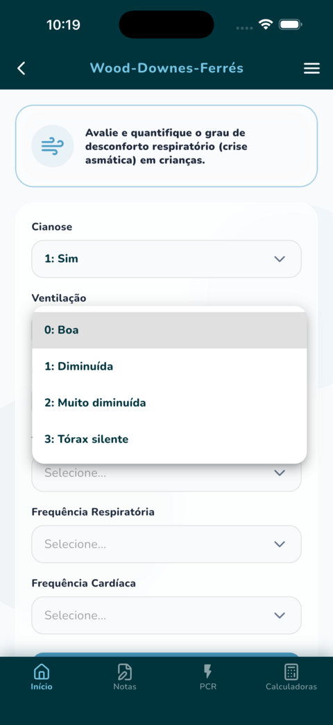 Calculadora do escore Wood-Downes-Ferrés — crise asmática em crianças